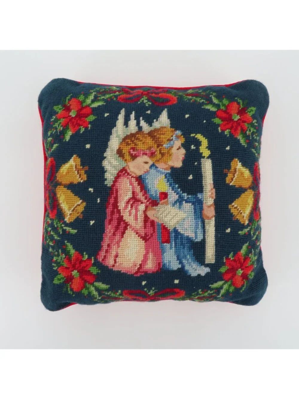Vintage Needlepoint Praying Angel Children Red Flowers Bow Bells Square Pillow